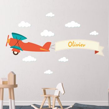 Dubbeldekker-vliegtuig-muursticker-naam-kinderkamer-kleurrijk-goedkoop-muurstickerstunter