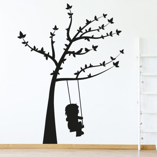 muursticker boom met schommel en vogels tak zwart dieren kinderkamer inspiratie ideeen stoer meisjeskamer meidenkamer